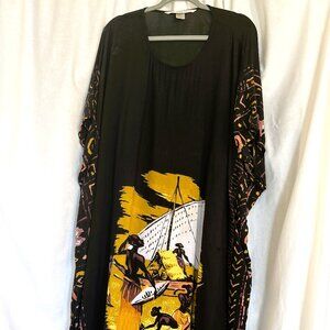 Sicura African Kaftan/Dress with gold print on black village scene.  One size